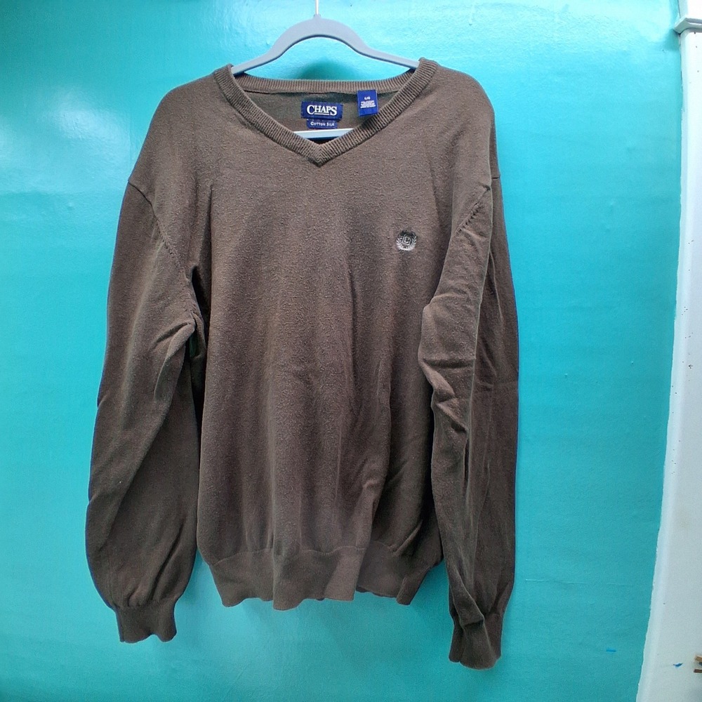 Chaps V-Neck Sweater Size L Brown Cotton Silk Blend Preppy Dark Academia
